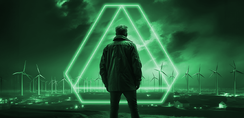 An image of a man with his back to the camera overlooking a landscape with wind turbines and the Astute People Logo in green