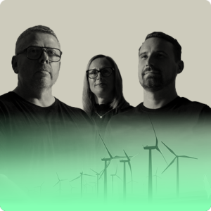 an image of terry buckel, sarah ellis and matt dickens from astute people, they are above an ai generated image of wind turbines