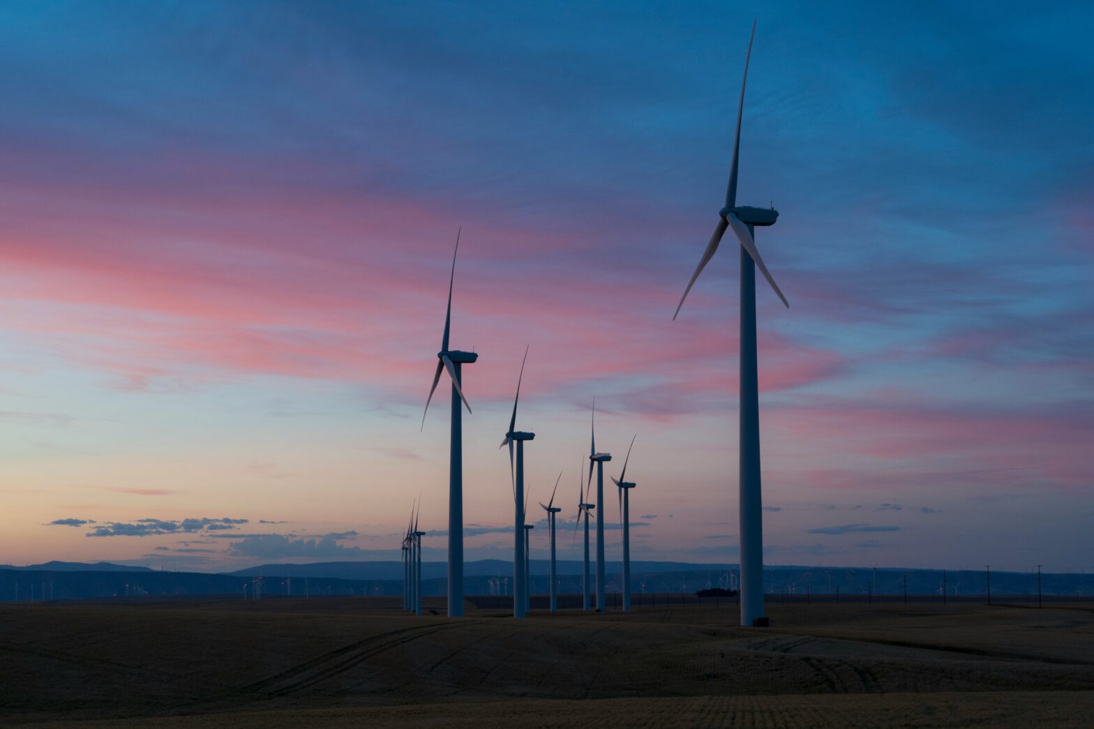 an image of 8 wind turbines on the renewable energy jobs in the usa blog