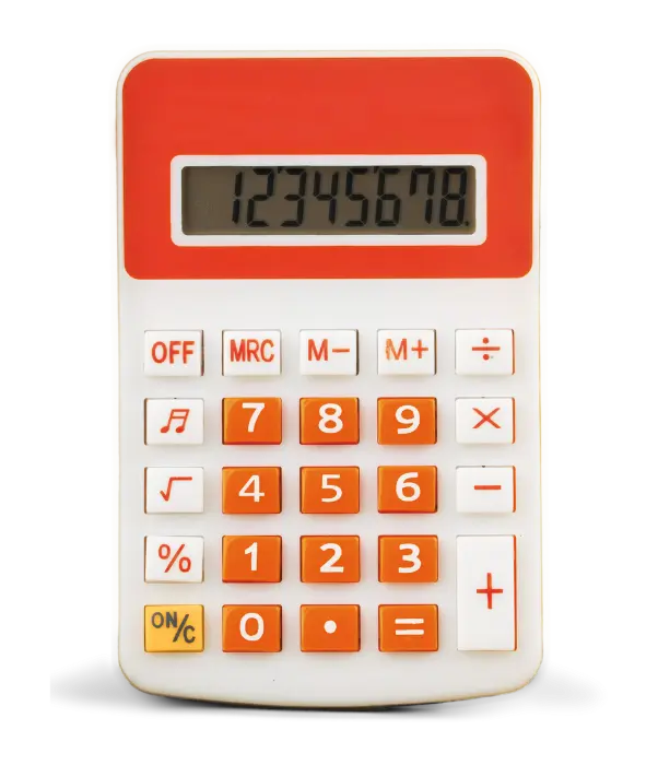 an image of a red and white calculator with the numbers 12345678 displaying