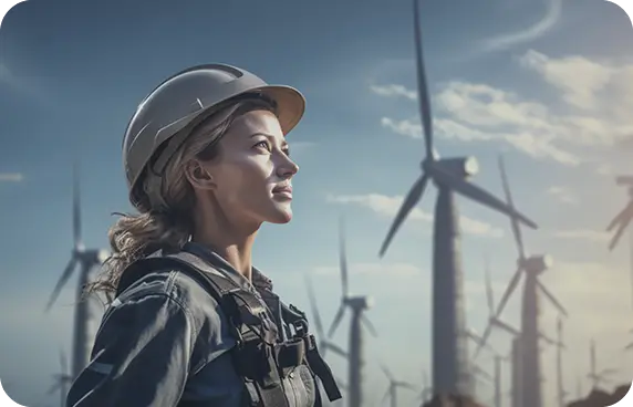 an ai generated picture of a woman working on wind turbines