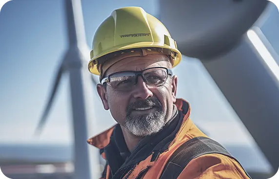 an ai generated image of a man working on a wind turbine on the looking to hire energy talent page